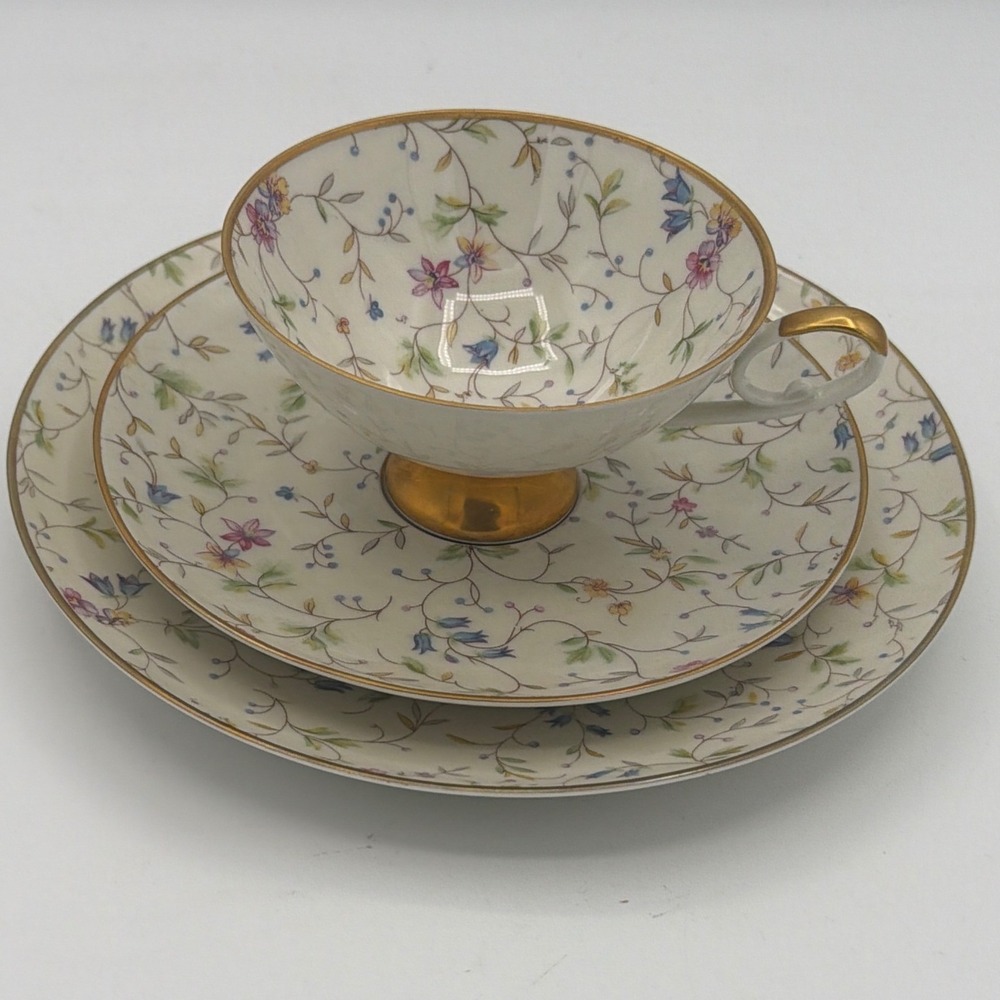Vintage Alka Kunst Bavaria 3 pc Tea Set Floral Chintz Vine Gold Pedestal Foot